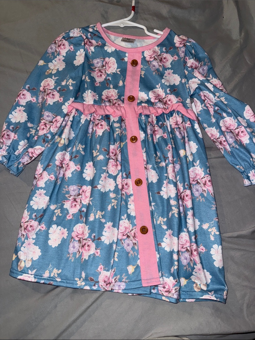 Girls' Blue Floral Pink-Trim Long Sleeve Dress